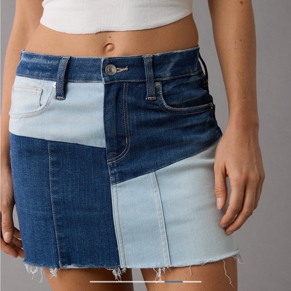 AE Stretch High Waisted Patchwork Denim Mini Skirt - Picture 3 of 9